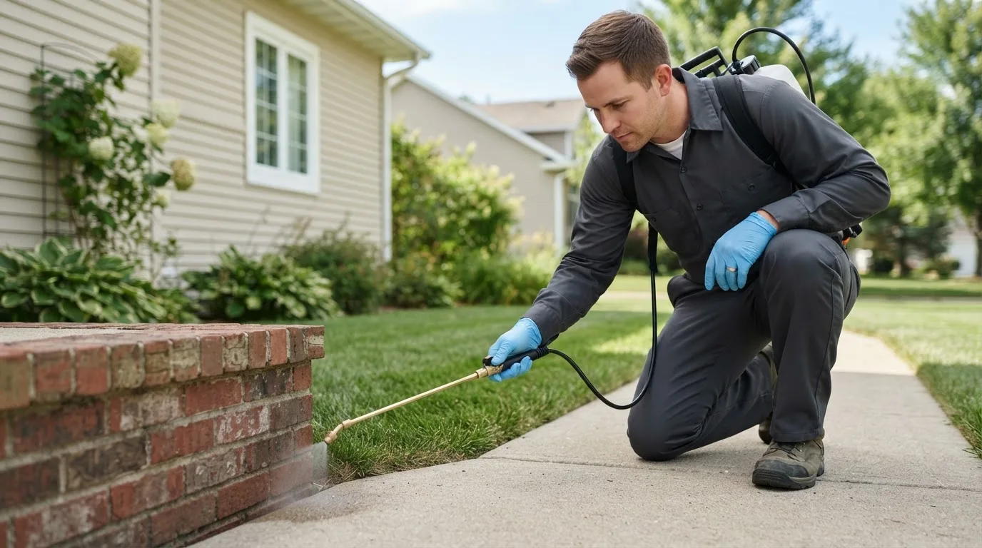 Pest control technician treating a home near Leoma, TN