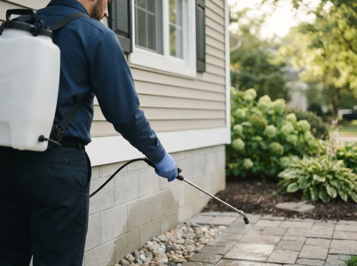Pest control technician inspecting a home in Leoma, TN